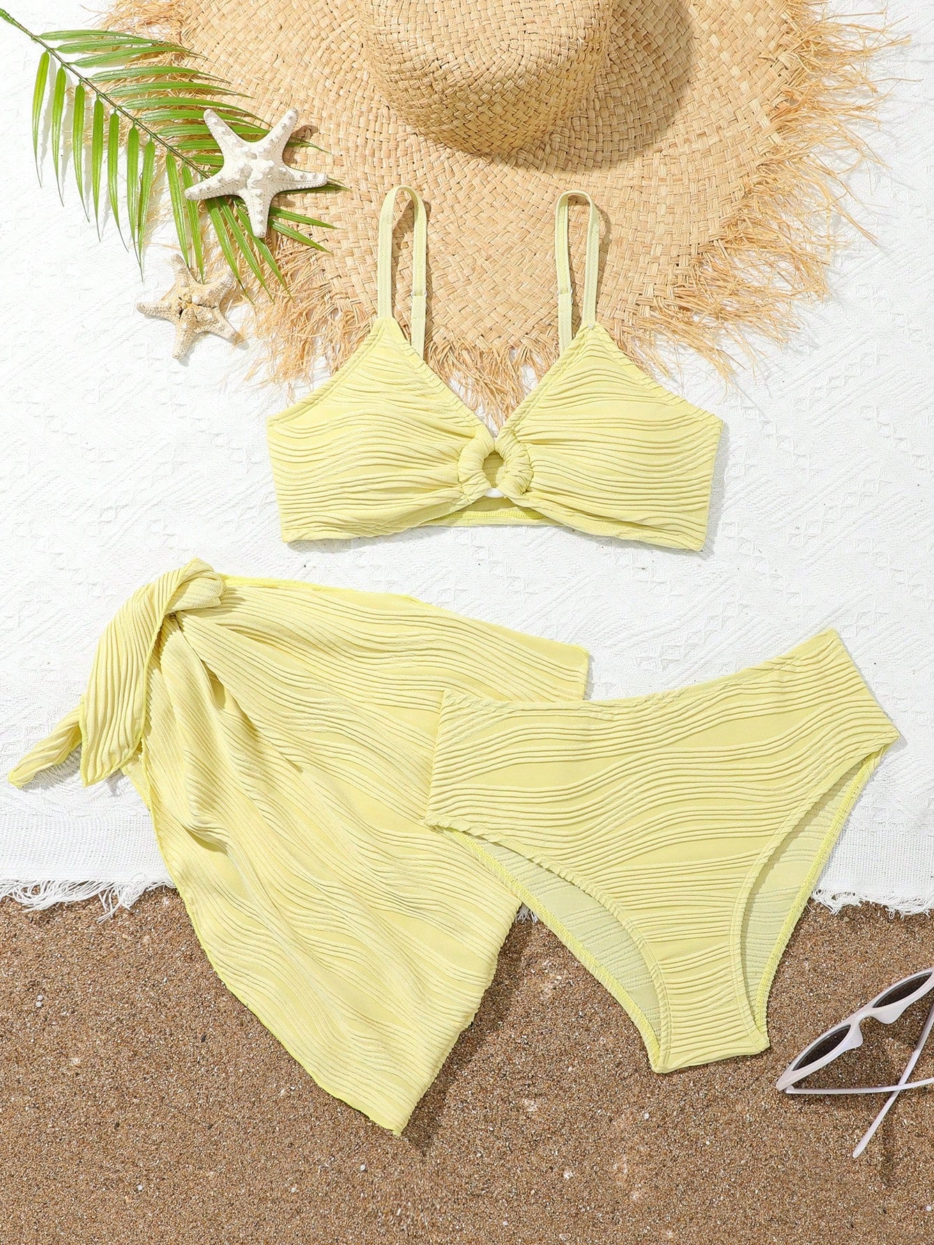 Teen Girl Solid Color Three-Piece Bikini Set Summer Beach