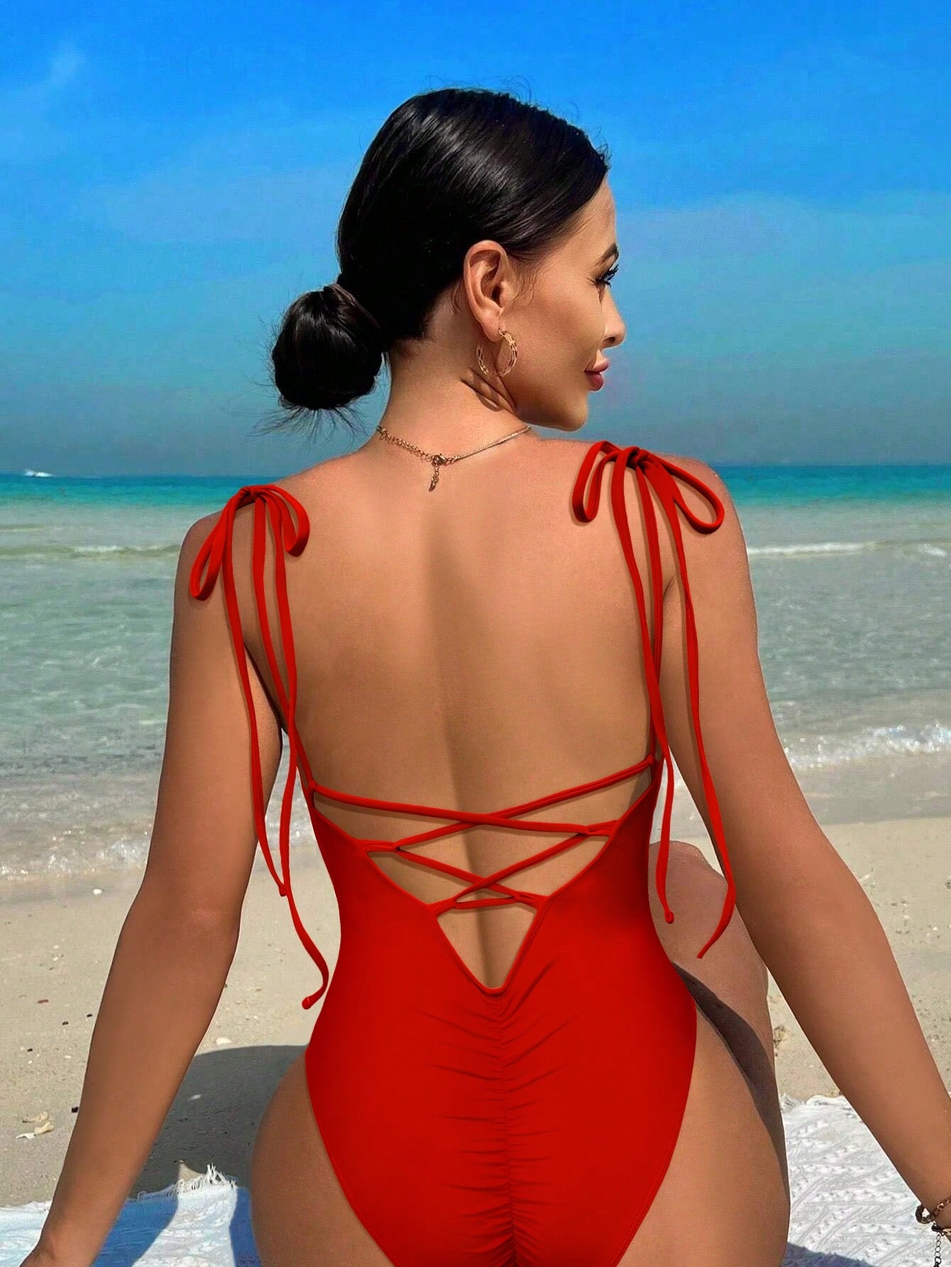 Swim Summer Beach Women's Solid Color Backless One-Piece Swimsuit