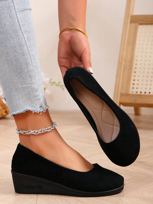 New Fashionable Round Toe Platform Wedge Heel Black Working Shoes For Pregnant Women, Large Size 41-43