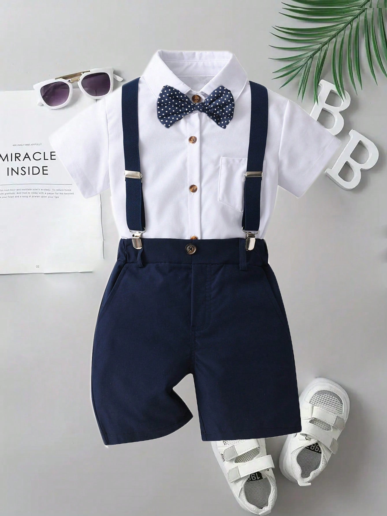 Young Boy Casual Short Sleeve Shirt With Polka Dot Bow Tie, Blue Suspenders Shorts 3 Piece Suit, Children Formal Wear Suit, Gentleman Suit