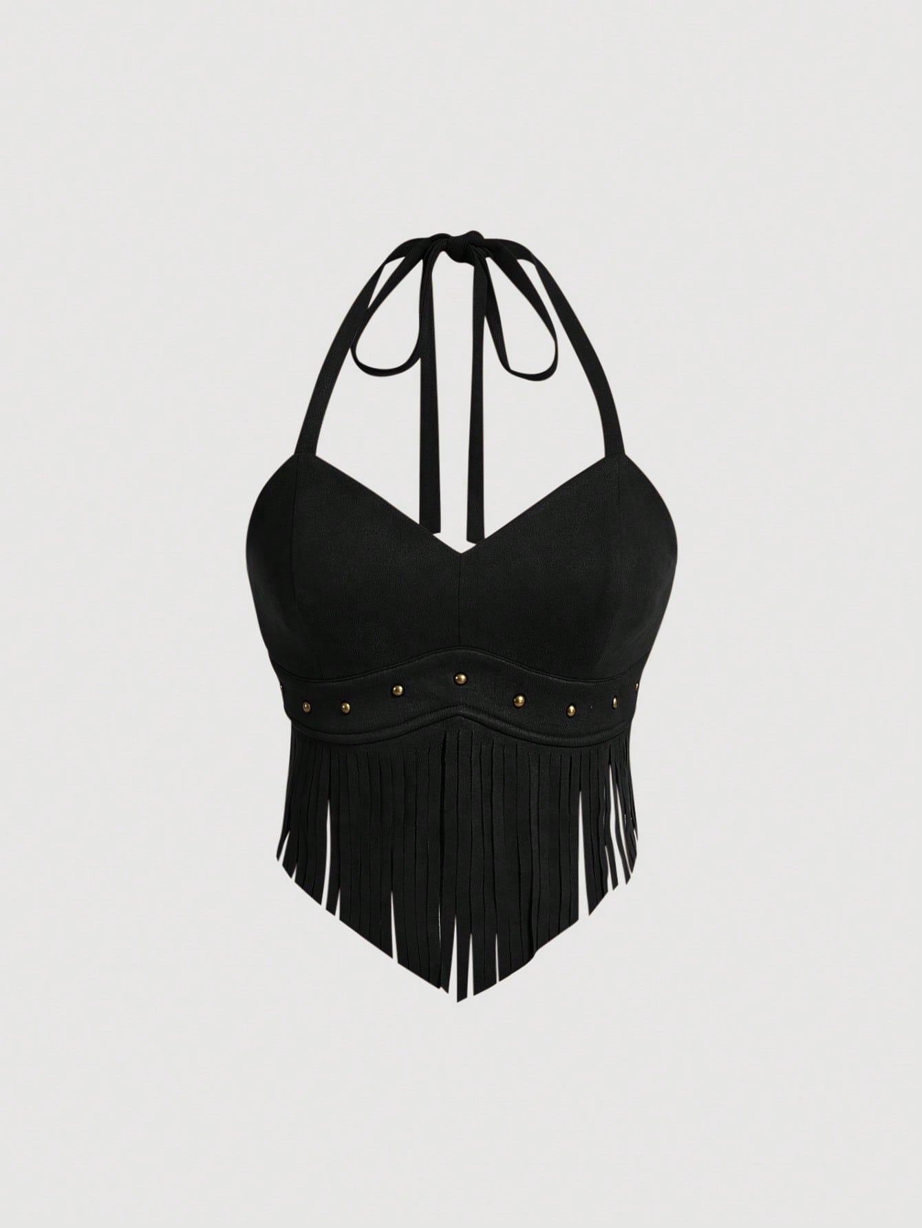 Summer Vintage Suede Halter Neck Top With Tassel Fringe Decoration