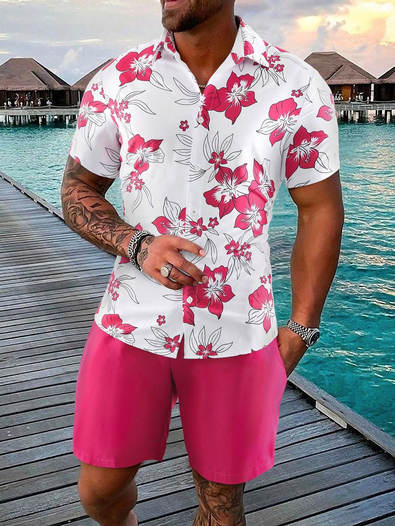 Men Floral Print Shirt & Drawstring Waist Shorts Without Tee