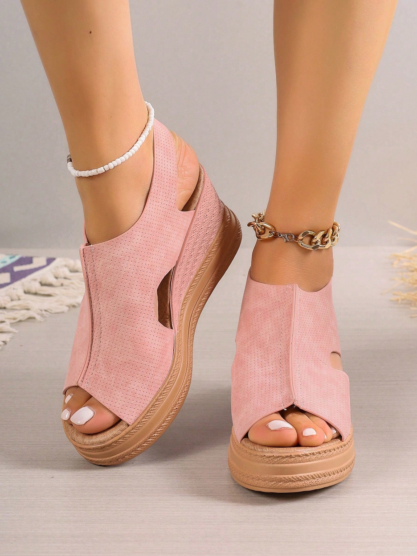 Women's Plus Size Wedge Sandals, European And American Style, Platform, One-Strap Buckle, Open Toe, Roman Style