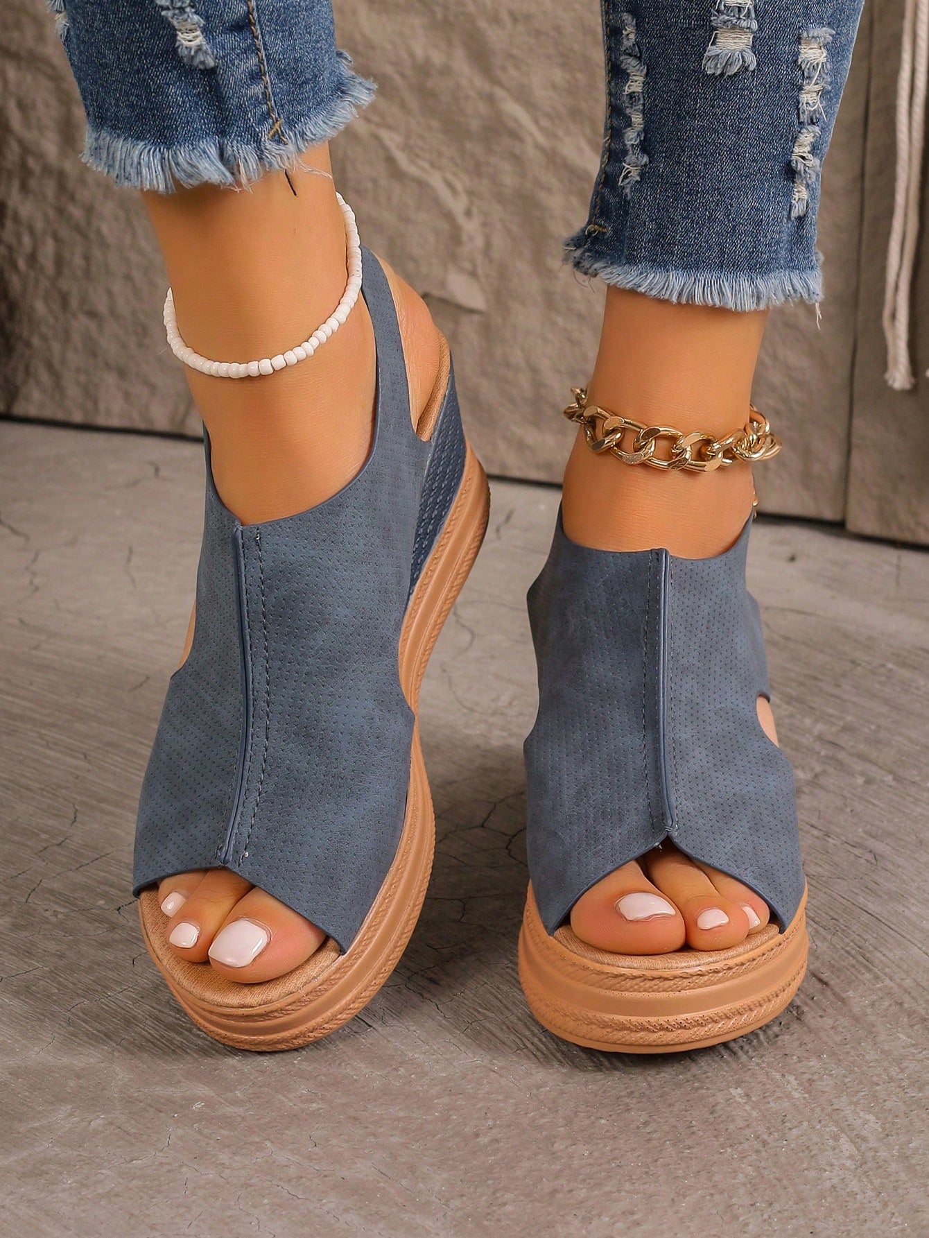 Women's Plus Size Wedge Sandals, European & American Style, Platform Sole, Buckled Strap, Open Toe, Roman Wedge Heels