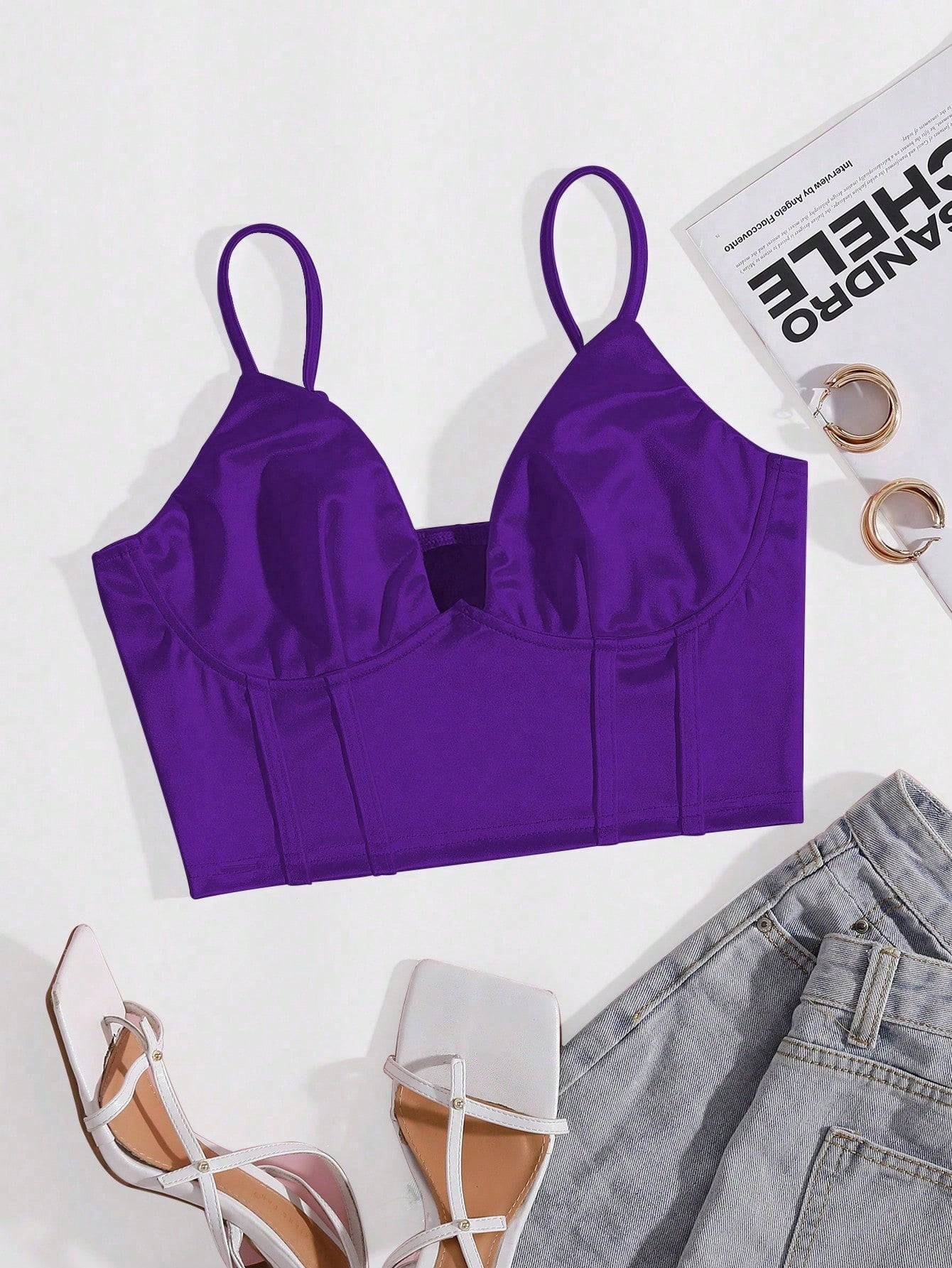 Solid Bustier Satin Crop Cami Top