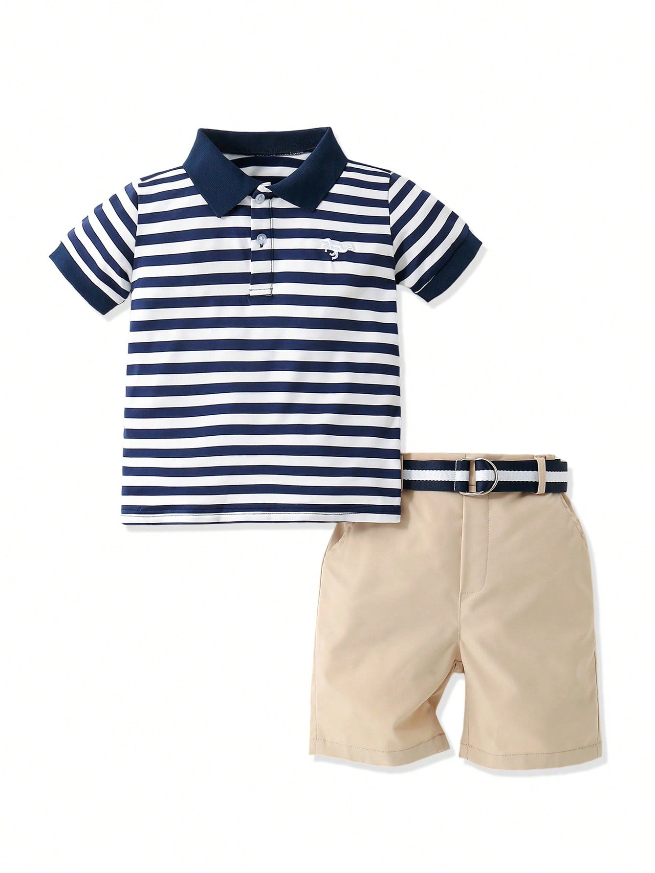 Young Boy Embroidered Dinosaur Striped Contrast Color Short Sleeve Polo Shirt And Casual Shorts Two Piece Set, Summer