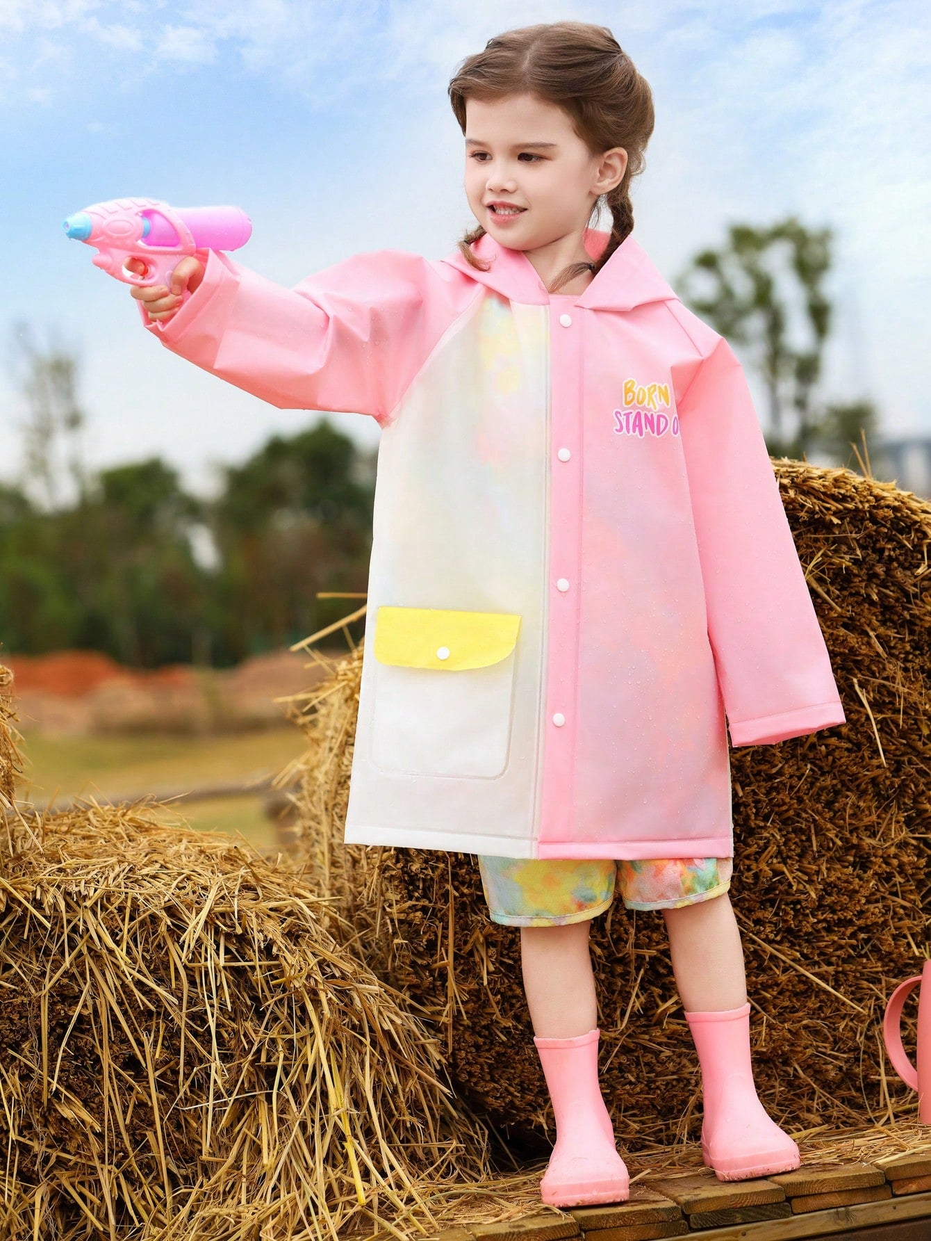 Girl Lovely Pink Colorblock Raincoat With Flamingo & Letter Print, All Seasons