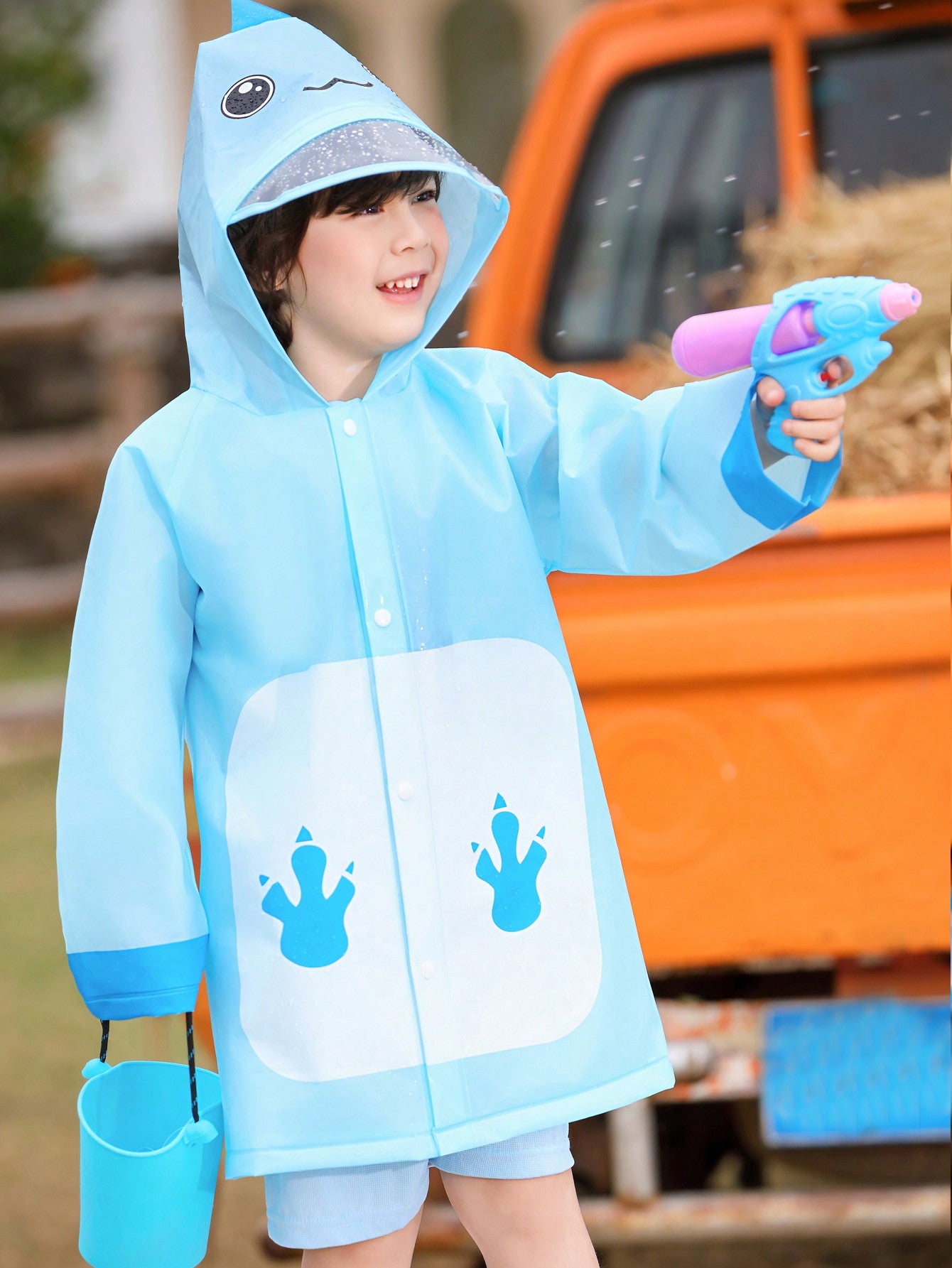 Kid's Cute Blue Monster Design 3d Horn Hooded Raincoat Suitable For All Seasons