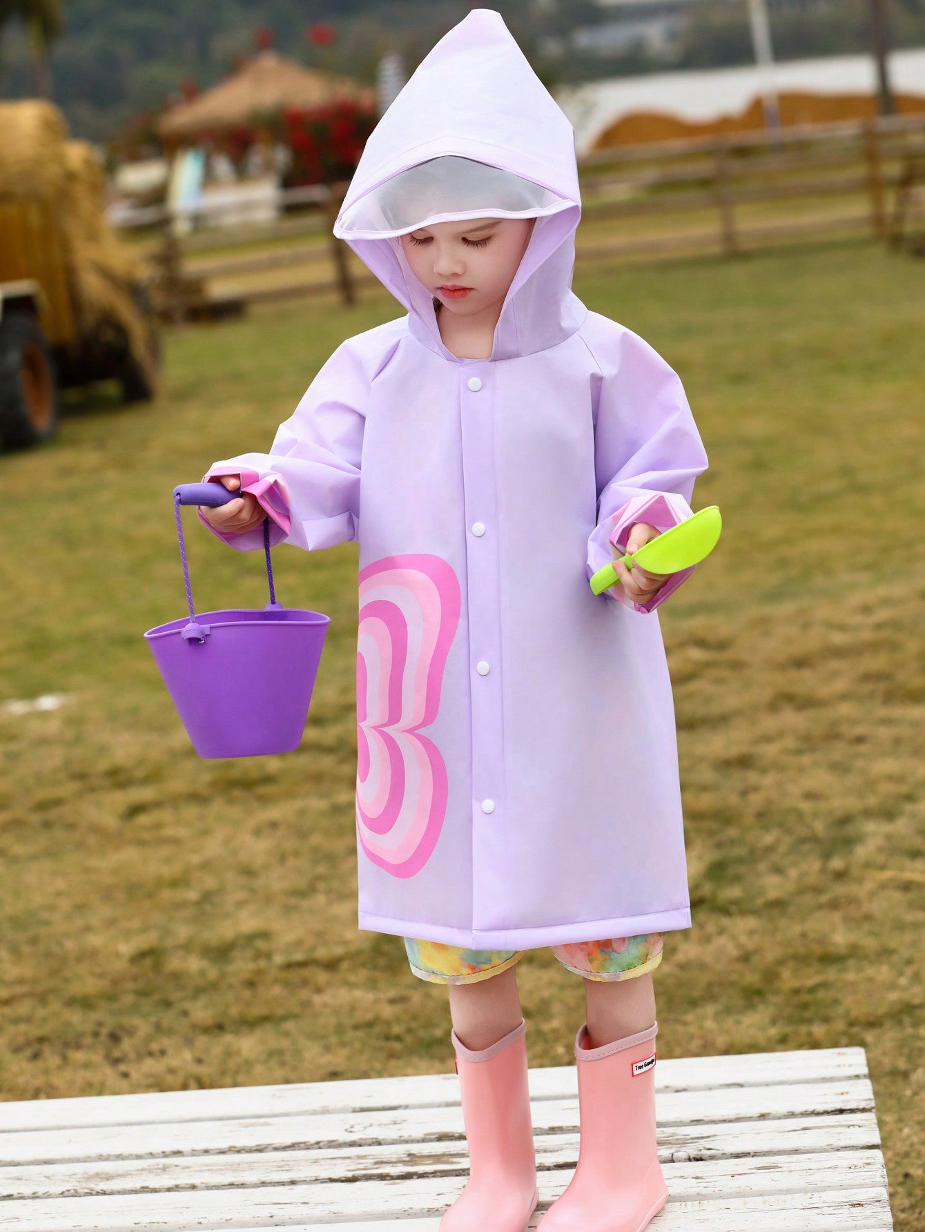 Girls' Purple Butterfly Printed Raincoat For All Seasons