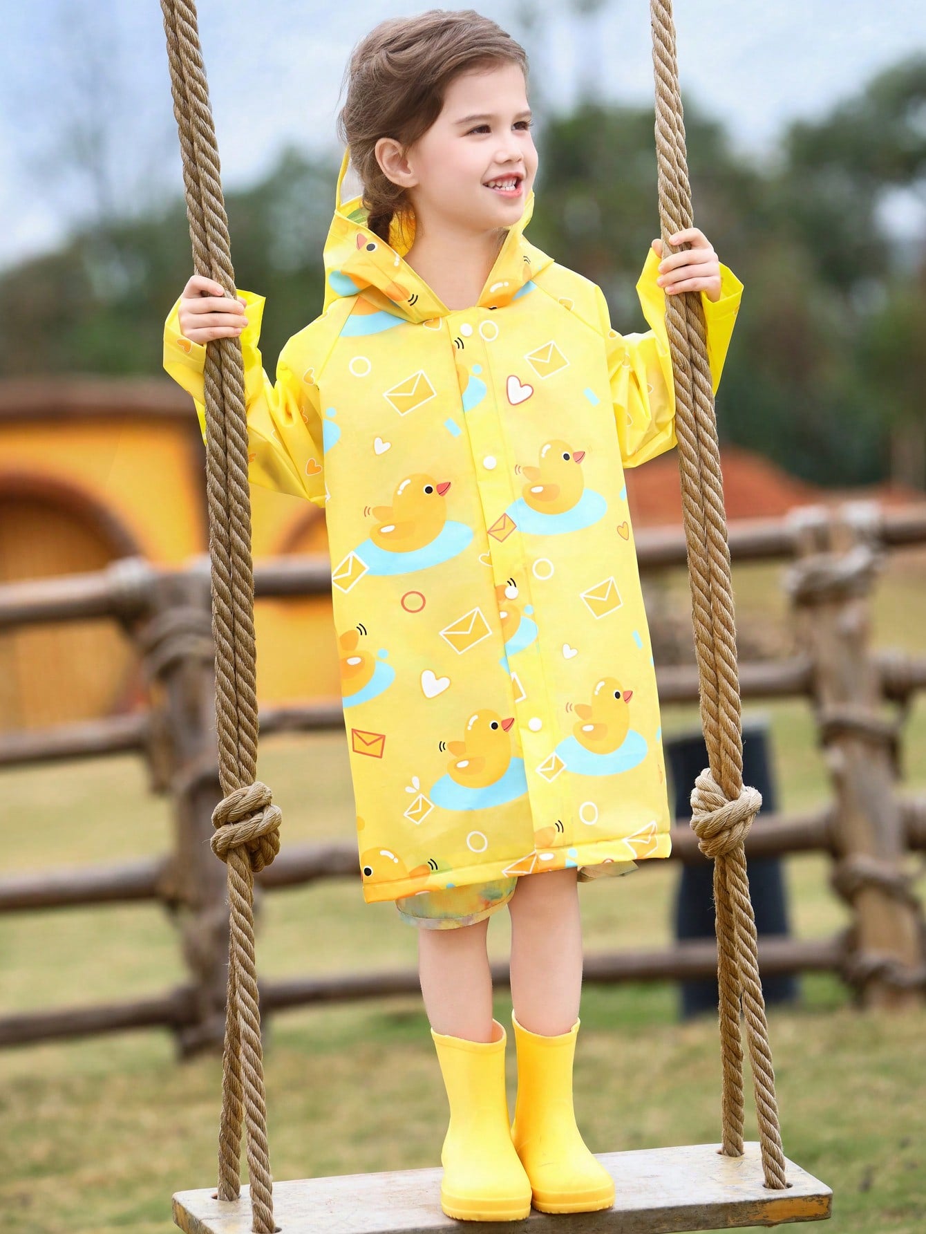 Girl Yellow Raincoat With Lovely Duck Envelope Print, All-Season