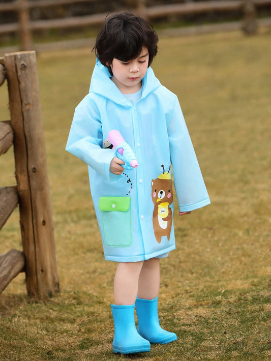 Kid's Cute Blue Bear & Bee Printed Raincoat With Color-Block Sleeves And Hood, All Seasons