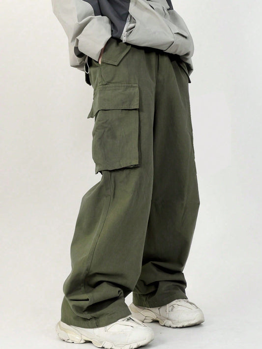 Young Boy Casual Korean Style Solid Weave Pants With Slanted Pockets And Loose Fit