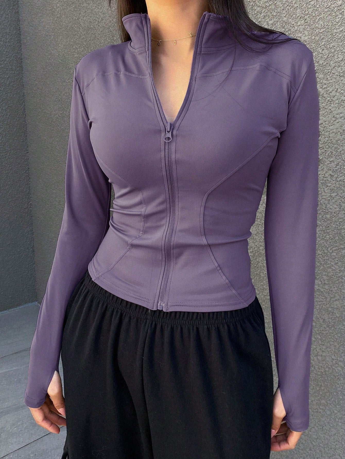 Women's Zippered Stand Collar Long Sleeve Jacket