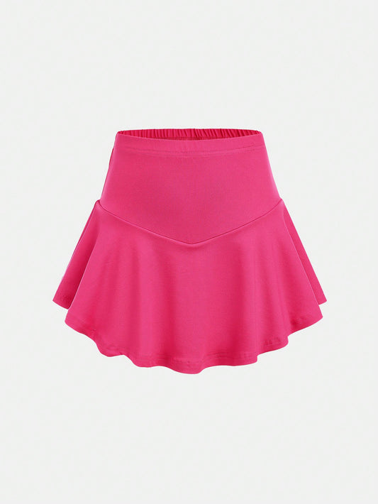 Tween Girl Summer Casual And Comfortable Knitted Solid Skort With Ruffle Hem