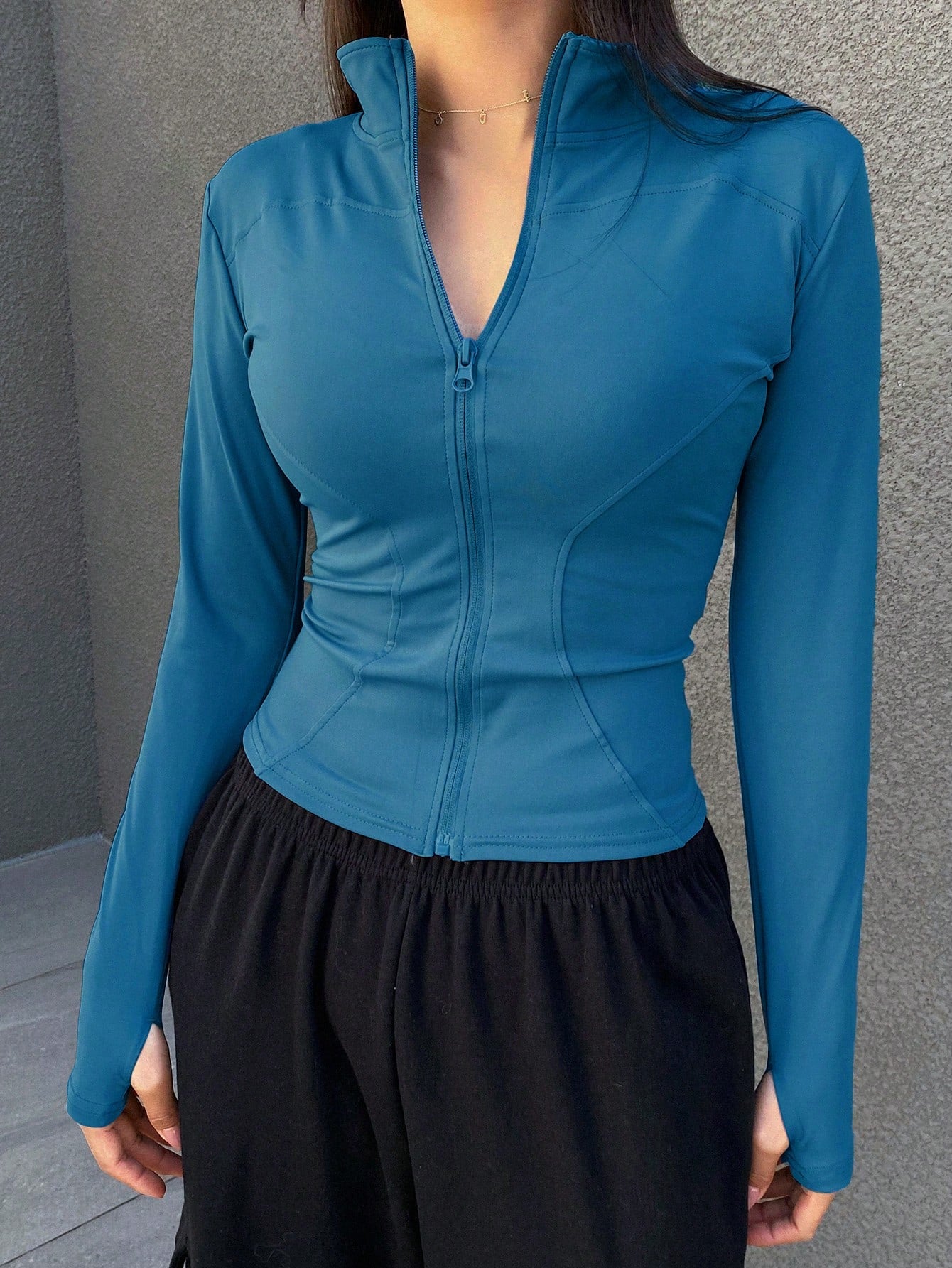 Women's Zippered Stand Collar Long Sleeve Jacket