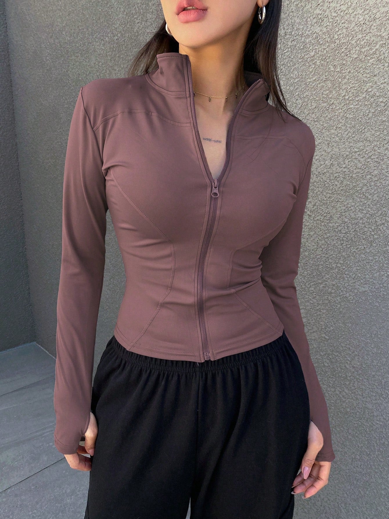 Women's Zippered Stand Collar Long Sleeve Jacket