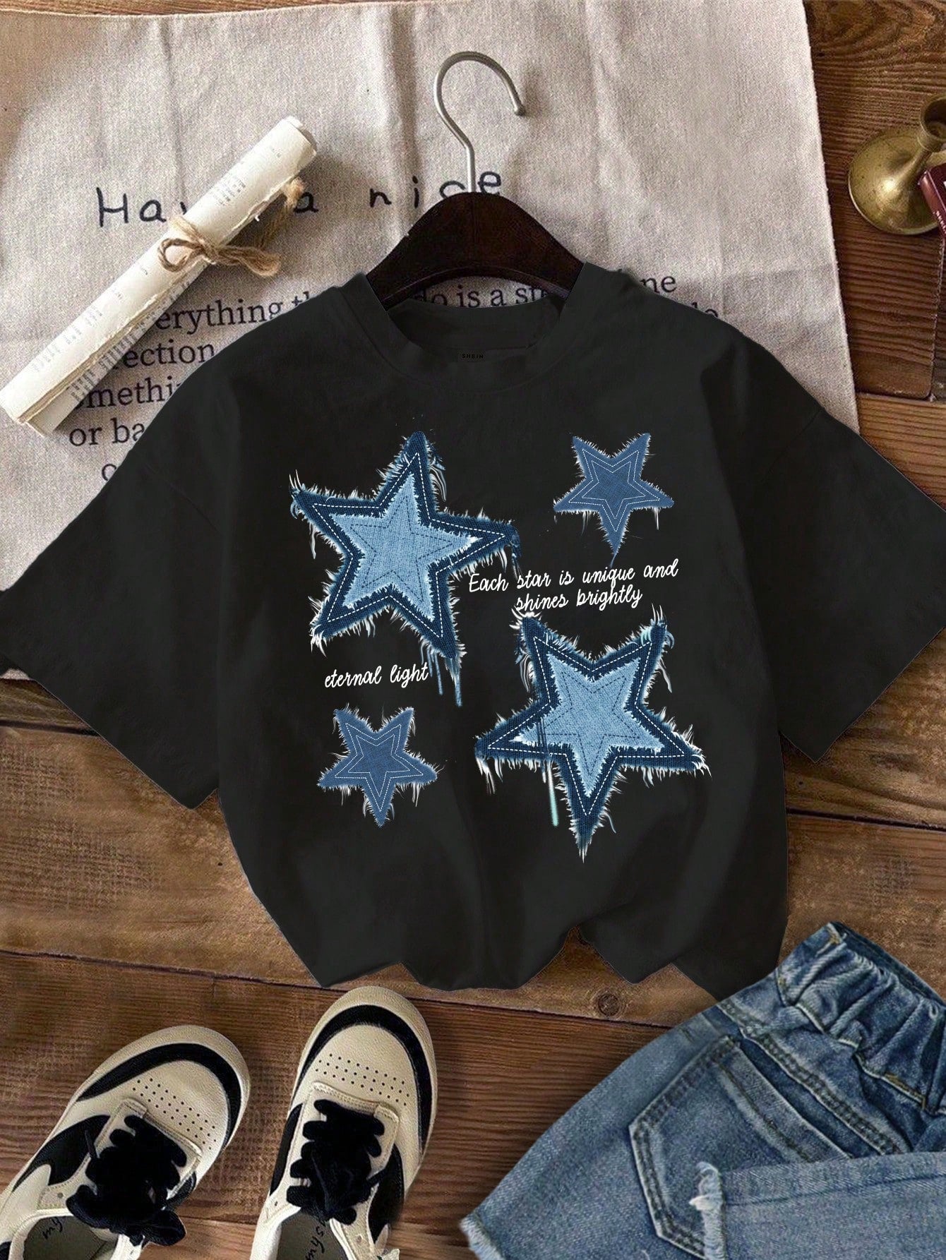 Tween Girl Casual Simple Star Printed T-Shirt, Summer