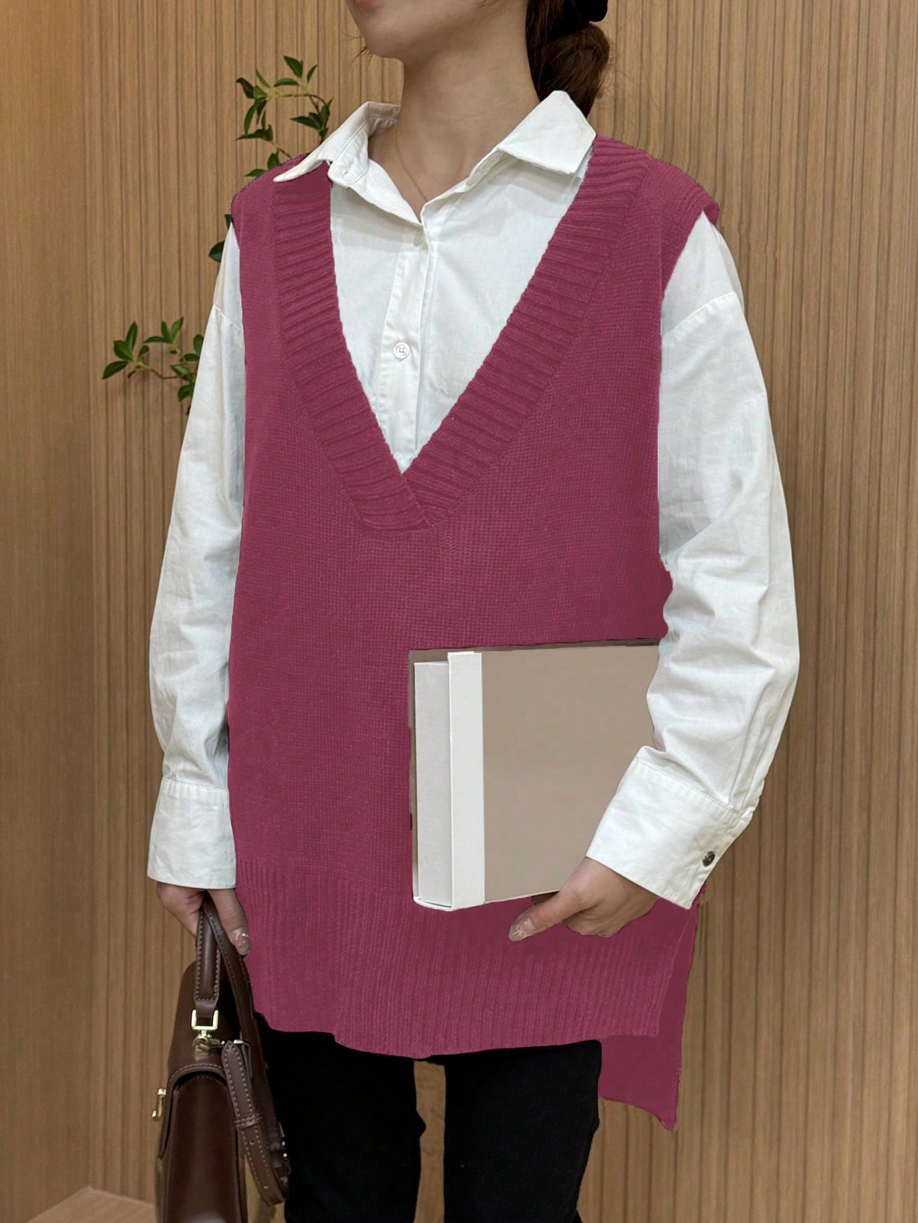 Plus Size Solid Color Loose V-Neck Sweater Vest With Side Slits