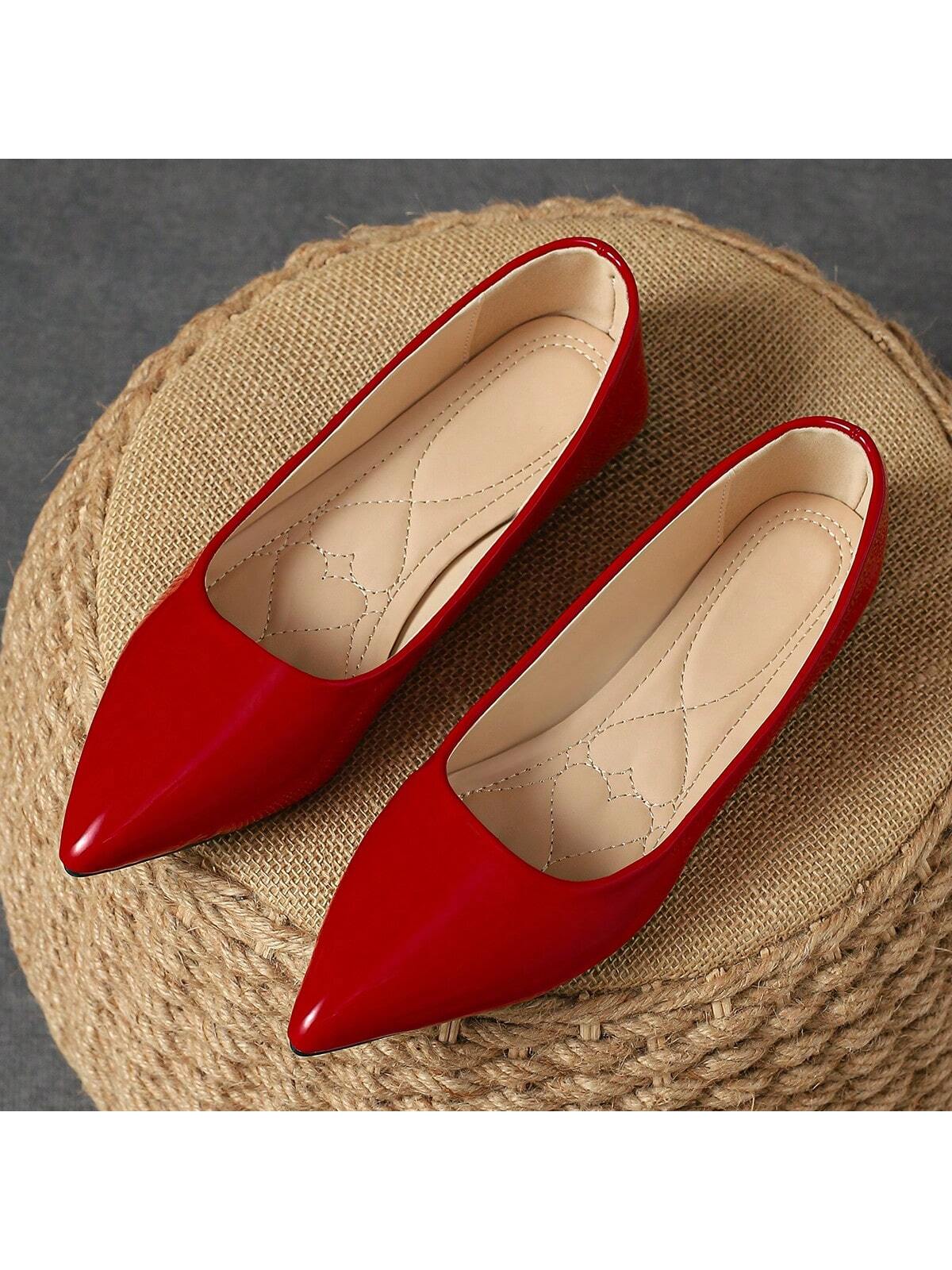 Women's Pointed Toe Fashion Low-Heeled Shoes, Outdoor Leisure Play, Autumn, Champagne, Red, Yellow And Black, Comfortable And Versatile