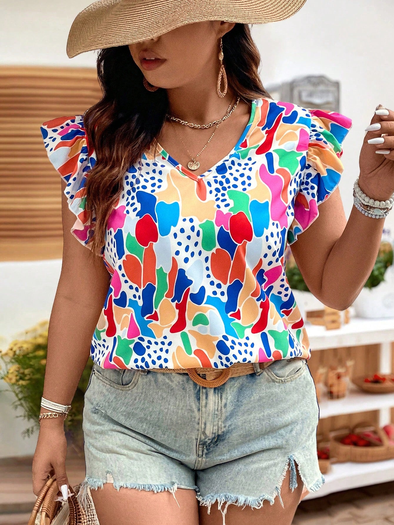 Plus Size Women's Polka Dot Short Puff Sleeve Shirt