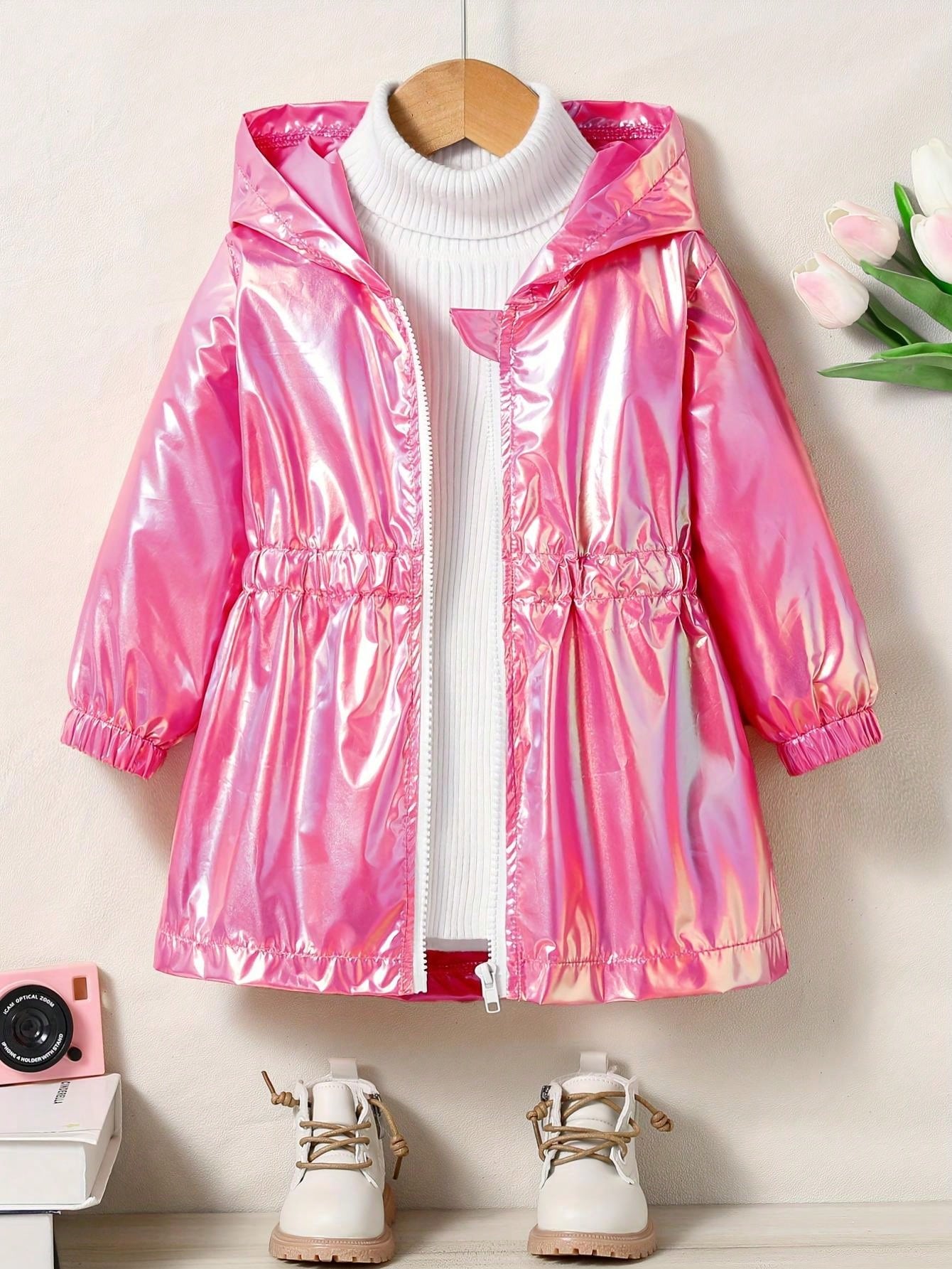 Girls' Stylish Laser Cut Solid Color Hooded Zip-Up Jacket, Spring Outerwear