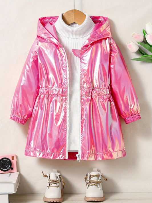 Young Girl Stylish Laser Cut Solid Color Hooded Zip-Up Jacket, Spring Outerwear