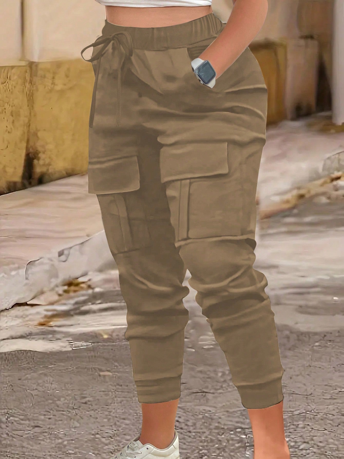 Plus Size Solid Color High Waist Cuffed Cargo Pants