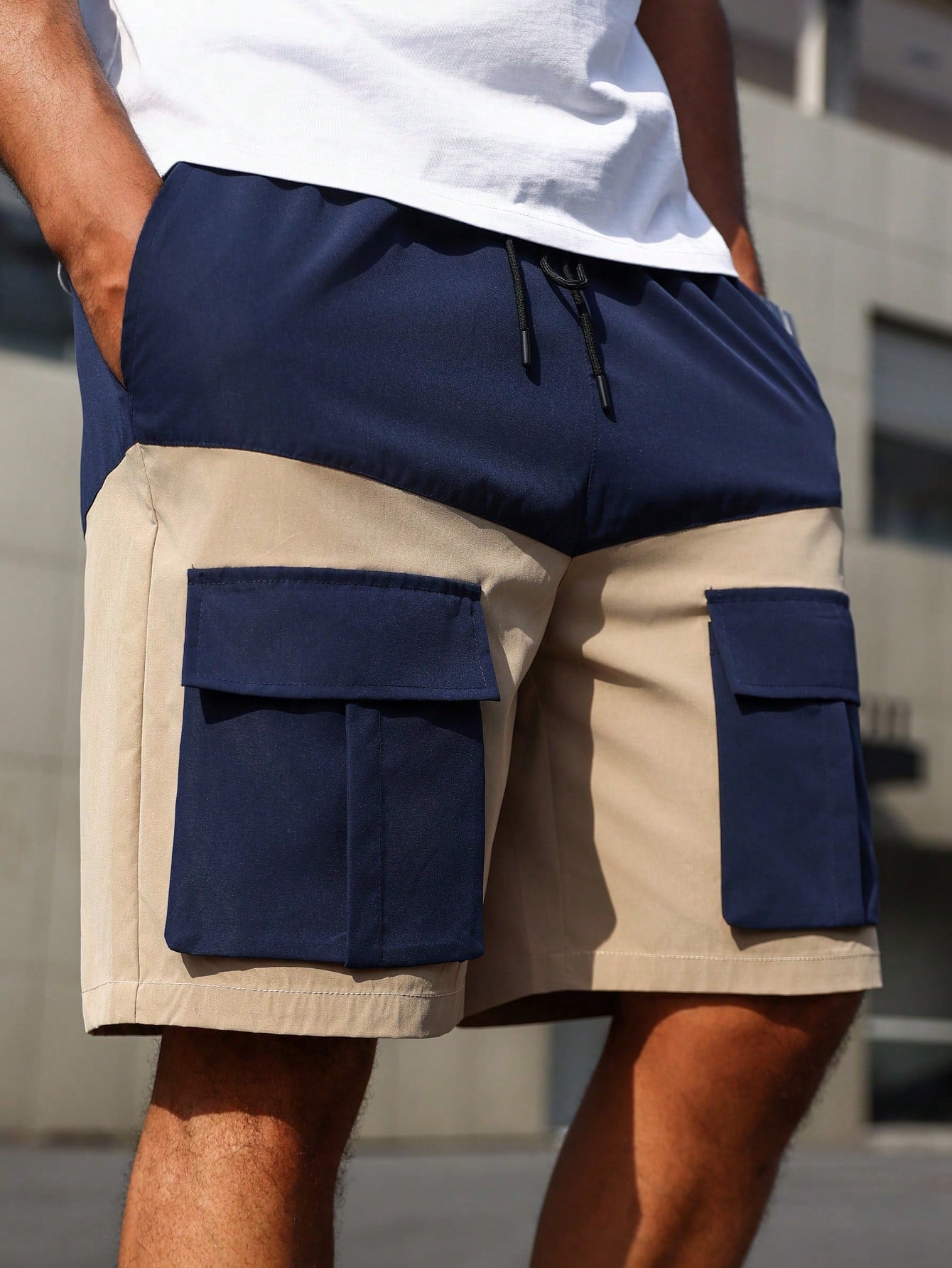 Plus Size Color Block Cargo Shorts With Pockets Drawstring