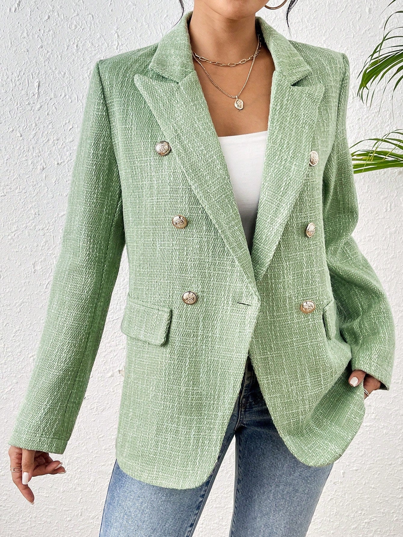 Lapel Neck Double Breasted Tweed Blazer