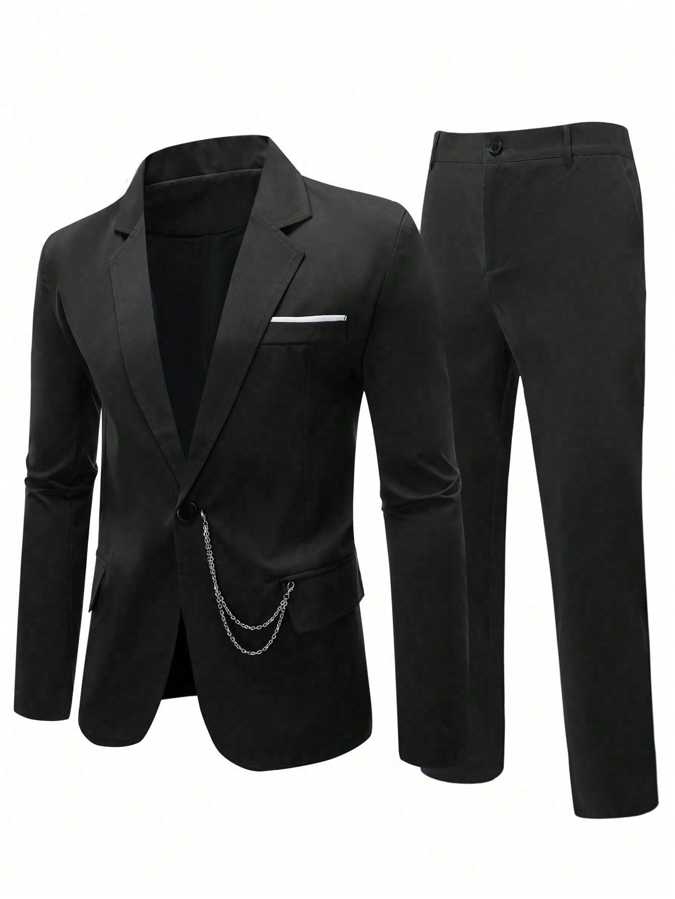 Men's Plus Size Monochrome Lapel Collar Suit Jacket With Chain Decoration And Trousers Set