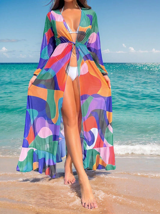 Swim Allover Print Ruffle Hem Kimono