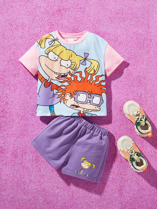 Nick 90s X Young Girl Joyful Friends プリント カラーブロック 半袖 T シャツとショーツ セット