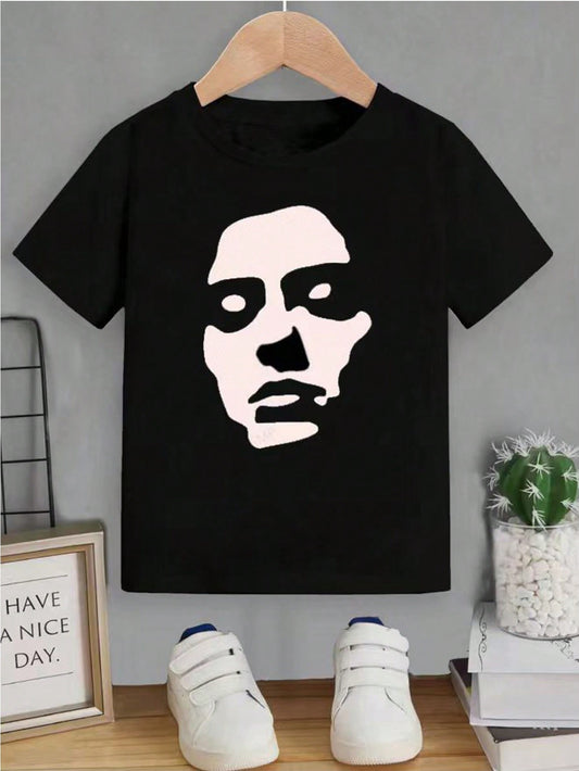 Tween Boy Artistic Portrait Printed Round Neck Short Sleeve T-Shirt