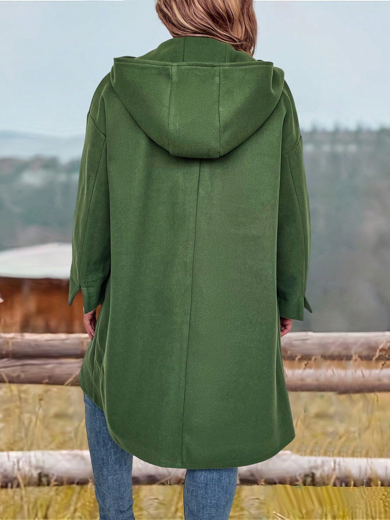 Plus Size Loose Fit Hooded Woolen Coat With Single-Breasted Closure And Slanted Pockets, Spring & Autumn