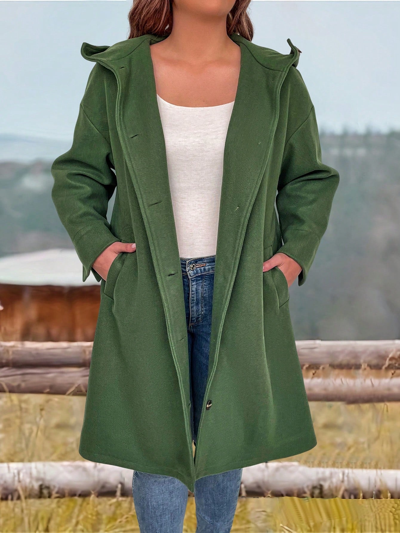 Plus Size Loose Fit Hooded Woolen Coat With Single-Breasted Closure And Slanted Pockets, Spring & Autumn