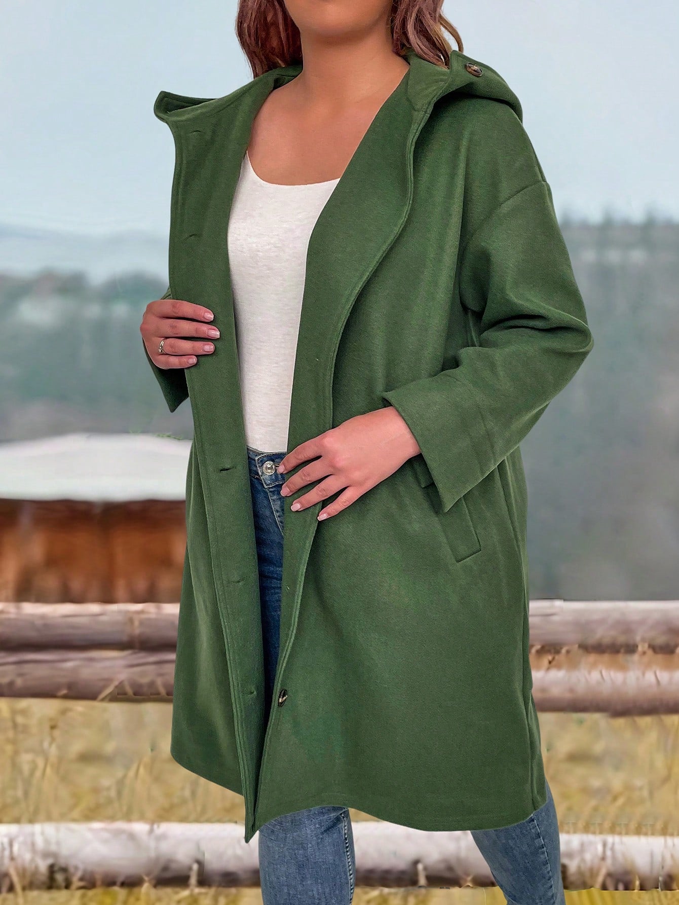 Plus Size Loose Fit Hooded Woolen Coat With Single-Breasted Closure And Slanted Pockets, Spring & Autumn