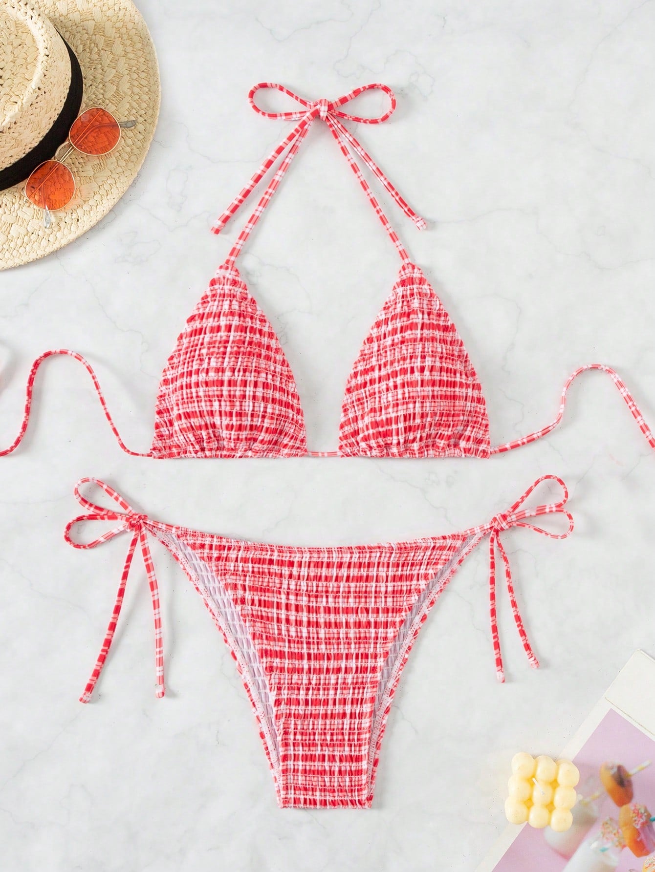 Swim Mod Summer Beach Striped Bikini Set Smocked Triangle Bra & Thong Bottom 2 Piece Bathing Suit