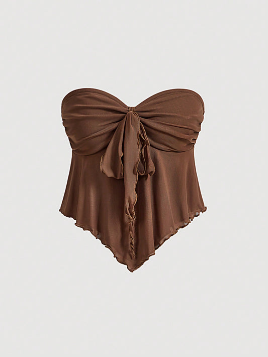 Plus Size Brown Strapless V-Neck Top With Ruffled Hem And Bow Tie