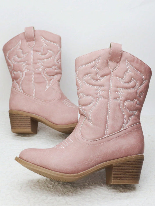 Girls' Pink Embroidered Pattern Irregular Texture Slip-On Western Boots With Chunky Heel And Round Toe