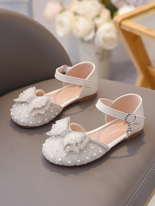 Children Flat Sandals Girl Princess Shoes With Rhinestone, Bow Knot, Hook And Loop, Pearl Head And Fashionable Style