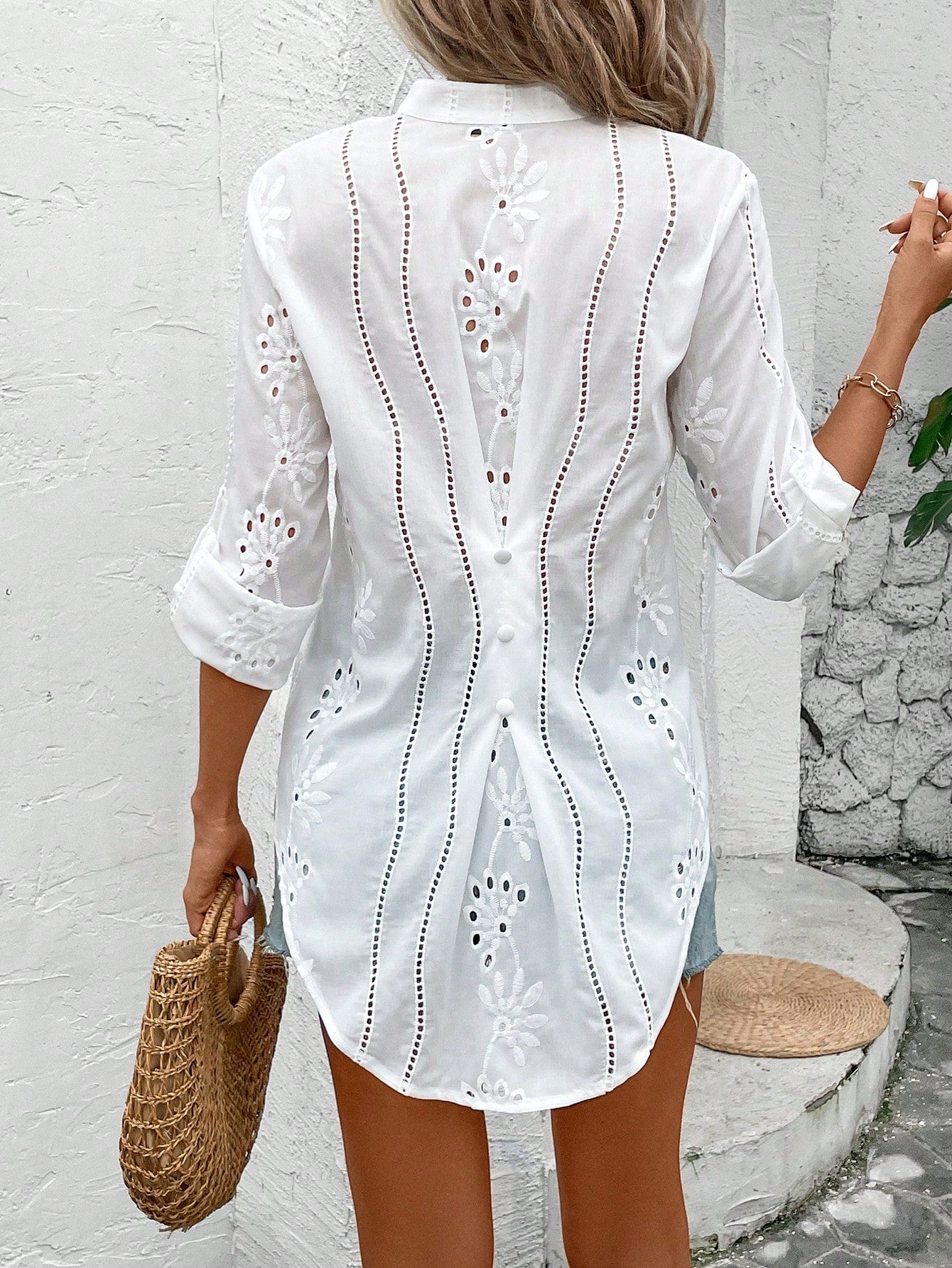 Spring Summer Casual Shirt With Crochet Detailing And Asymmetrical Hemline