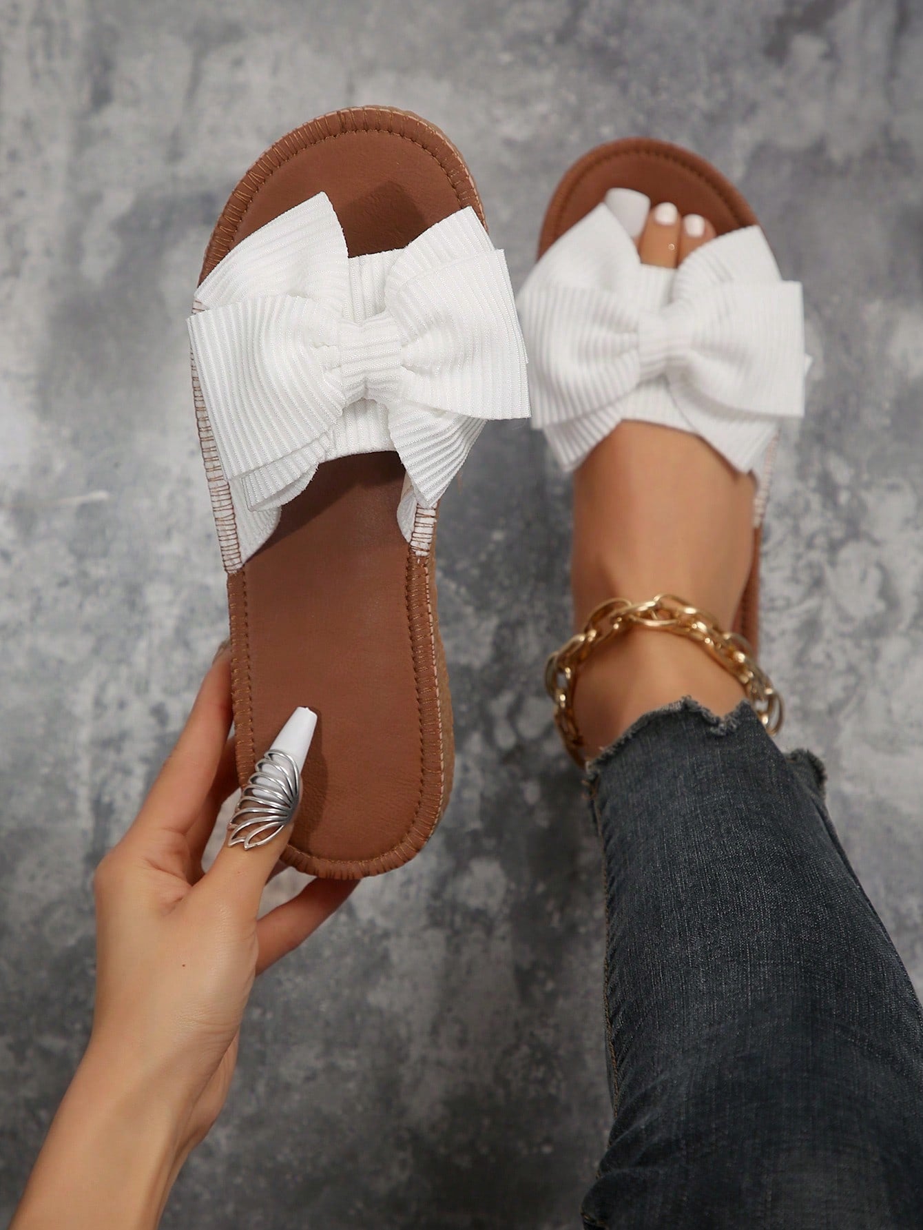 Women Bow Decor Slide Sandals, Fashion Summer Flat Sandals