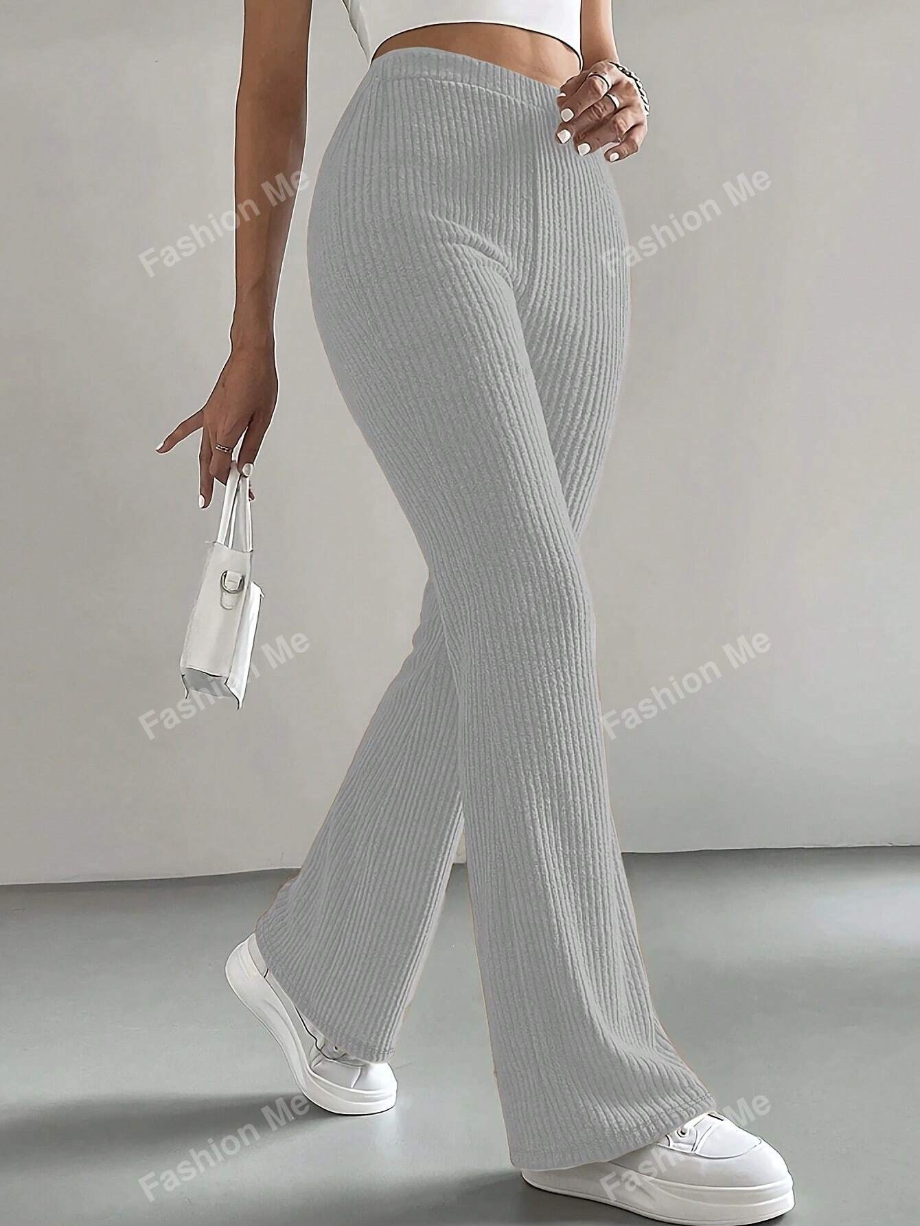 Solid Color Ribbed Knitted Casual Simple Long Pants