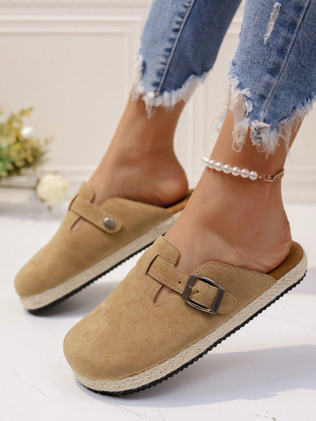 Women's Buckle Design Backless Fashionable Linen Rope Light Sneakers With Flat Non-Slip Sole