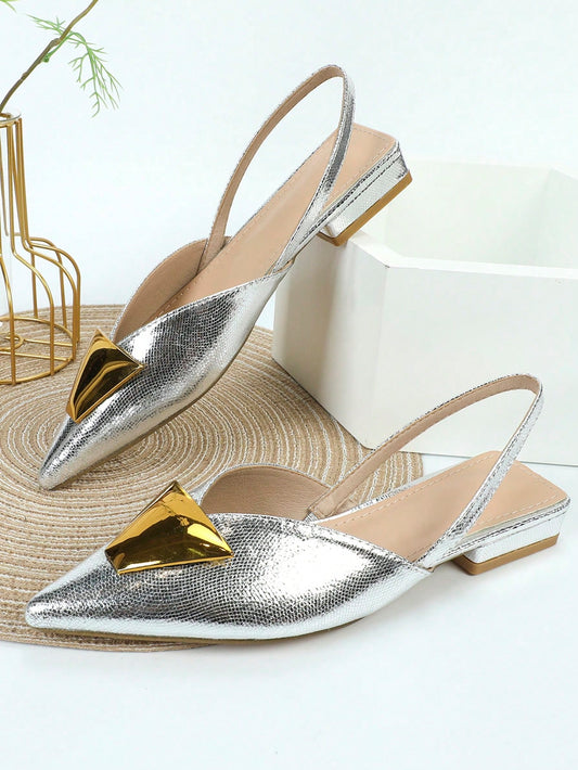 Silver Closed Toe Flat Party Shoes, Random Upper Material