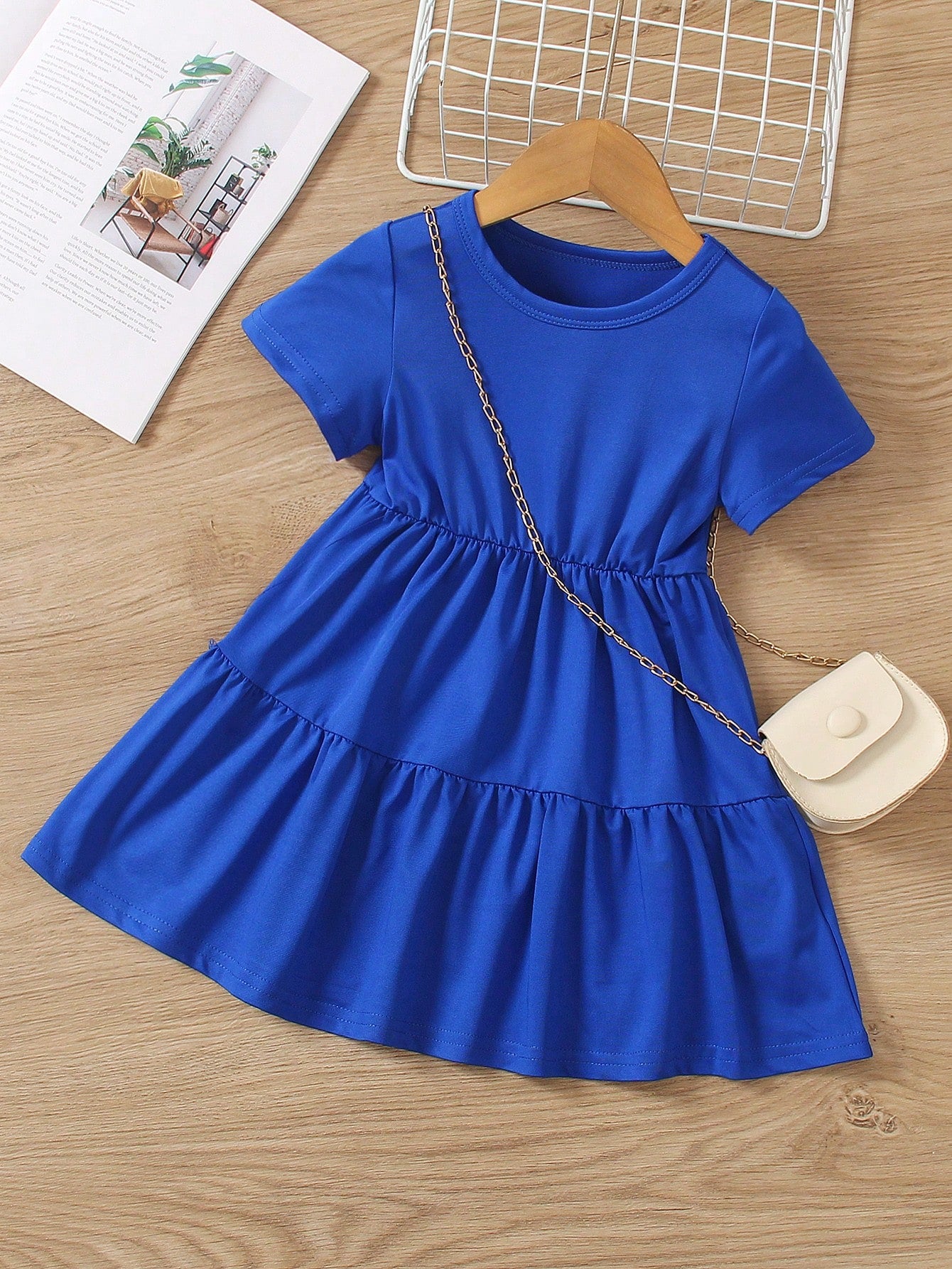 Young Girl Round Neck Solid Color Ruffle Hem Summer Casual Dress, Fashionable And Comfortable For Spring And Summer Wear