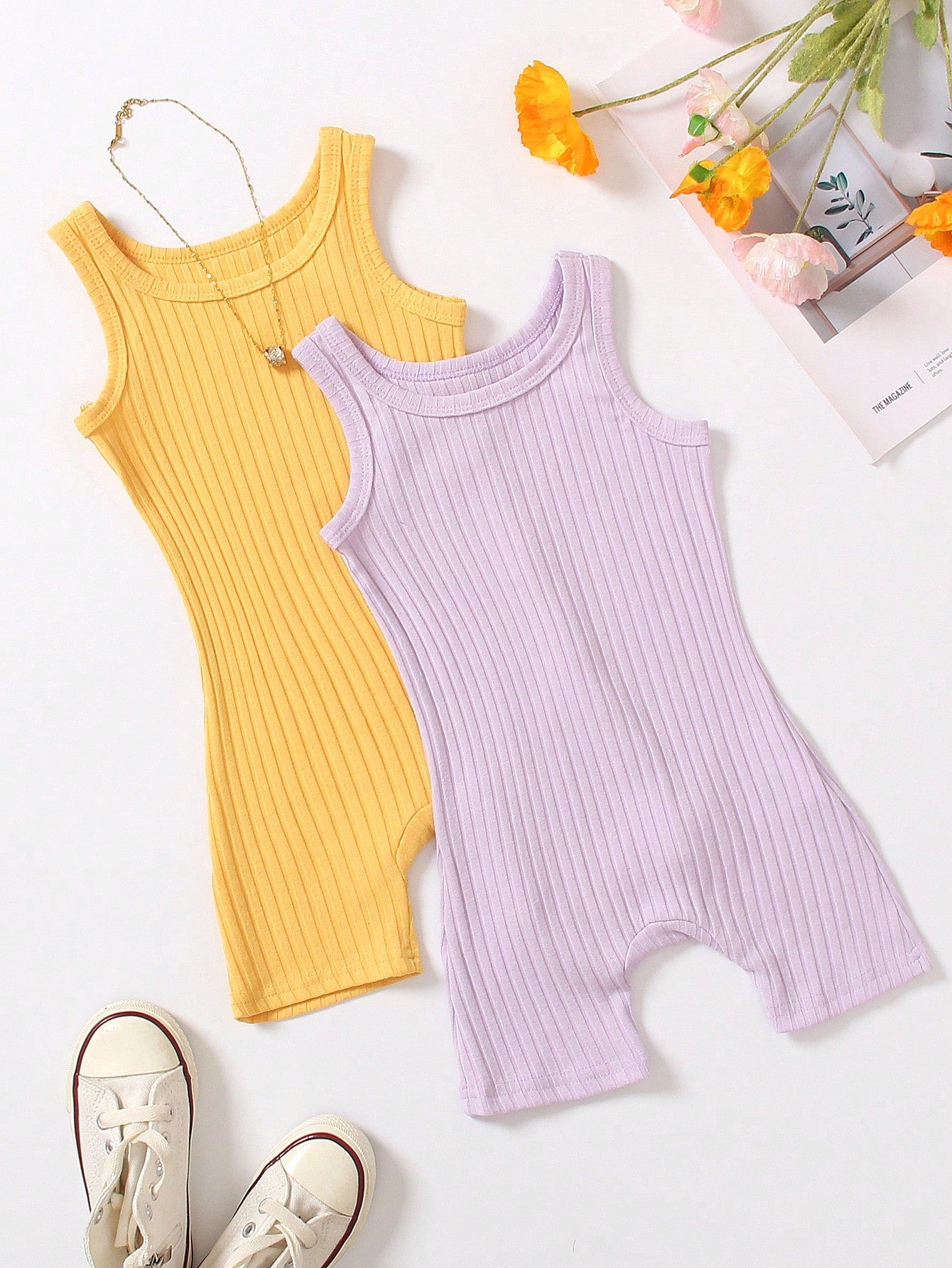 Young Girl 2pcs Ribbed Unitard Romper