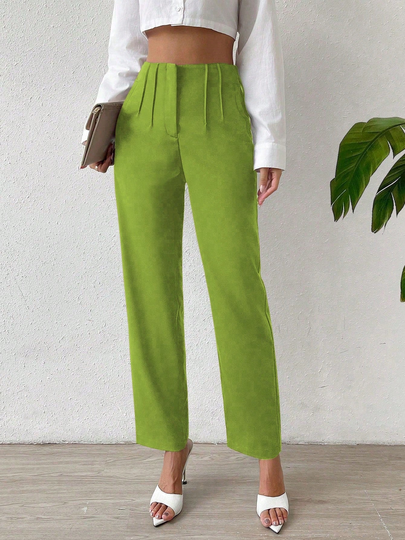 Solid Fold Pleated Straight Leg Pants