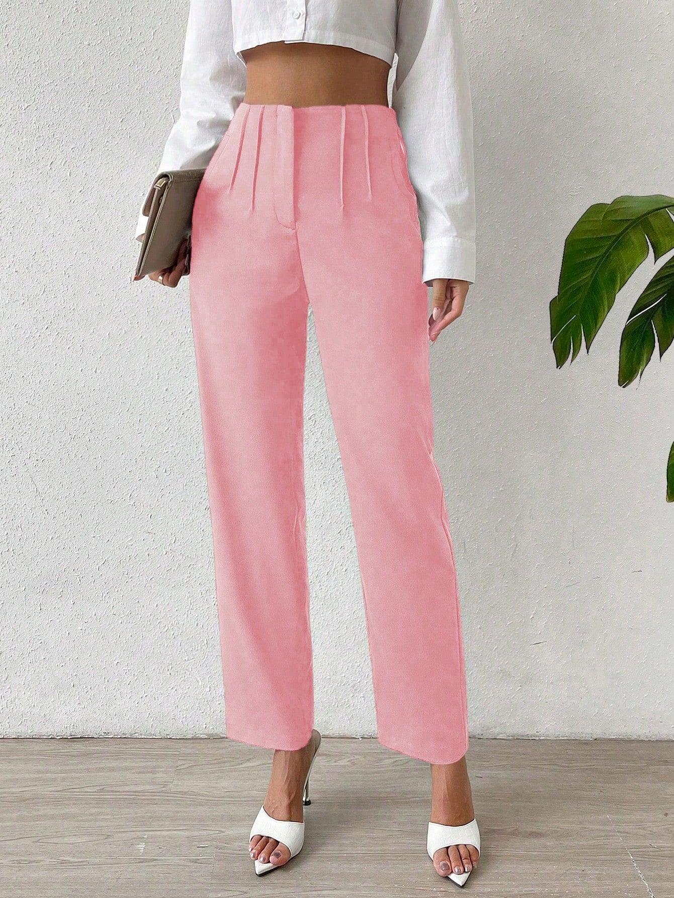 Solid Fold Pleated Straight Leg Pants