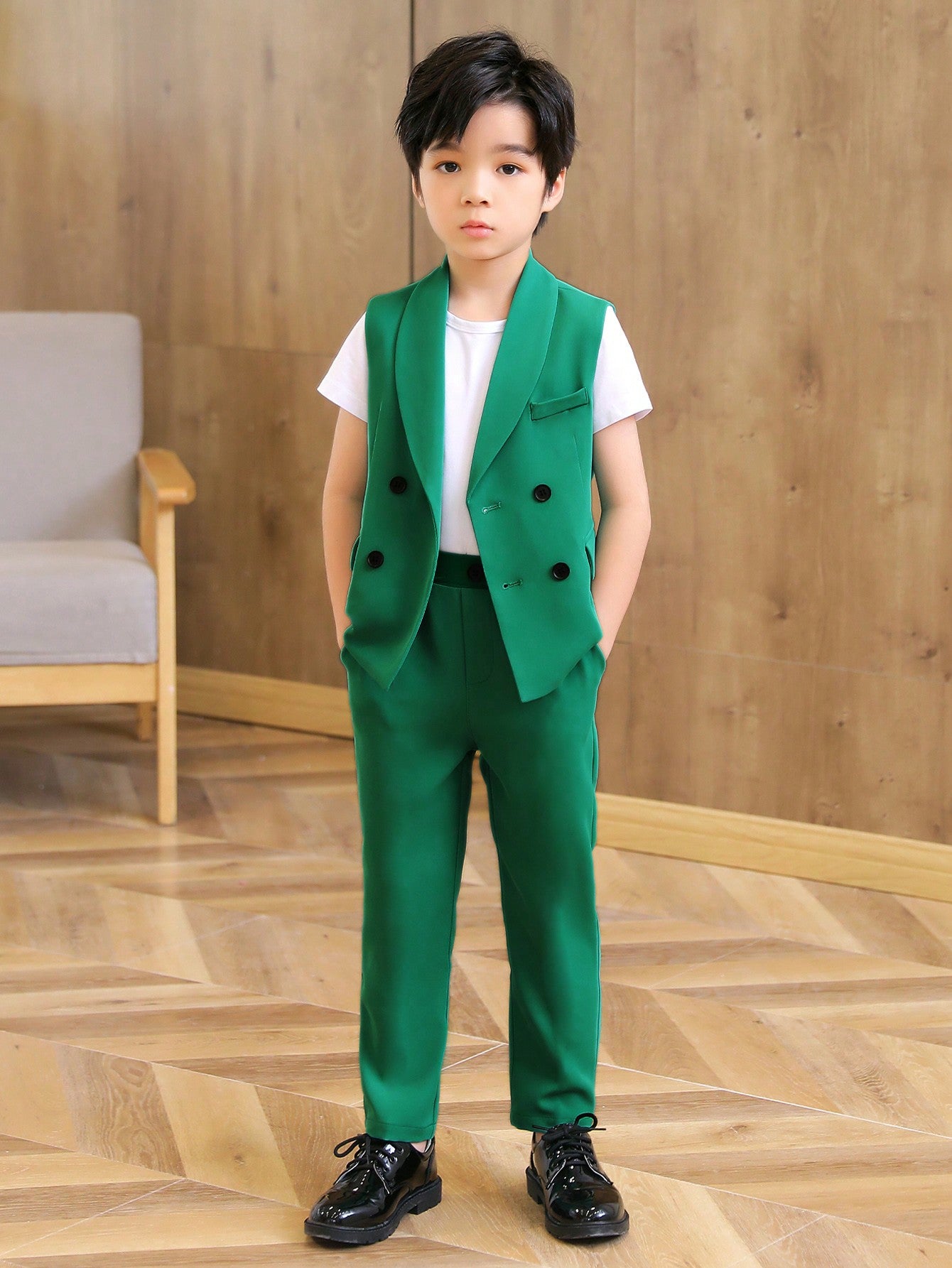 Young Boy Gentleman Style Suit Vest With Mandarin Collar, Pants And Bow Tie Set, Spring/Summer